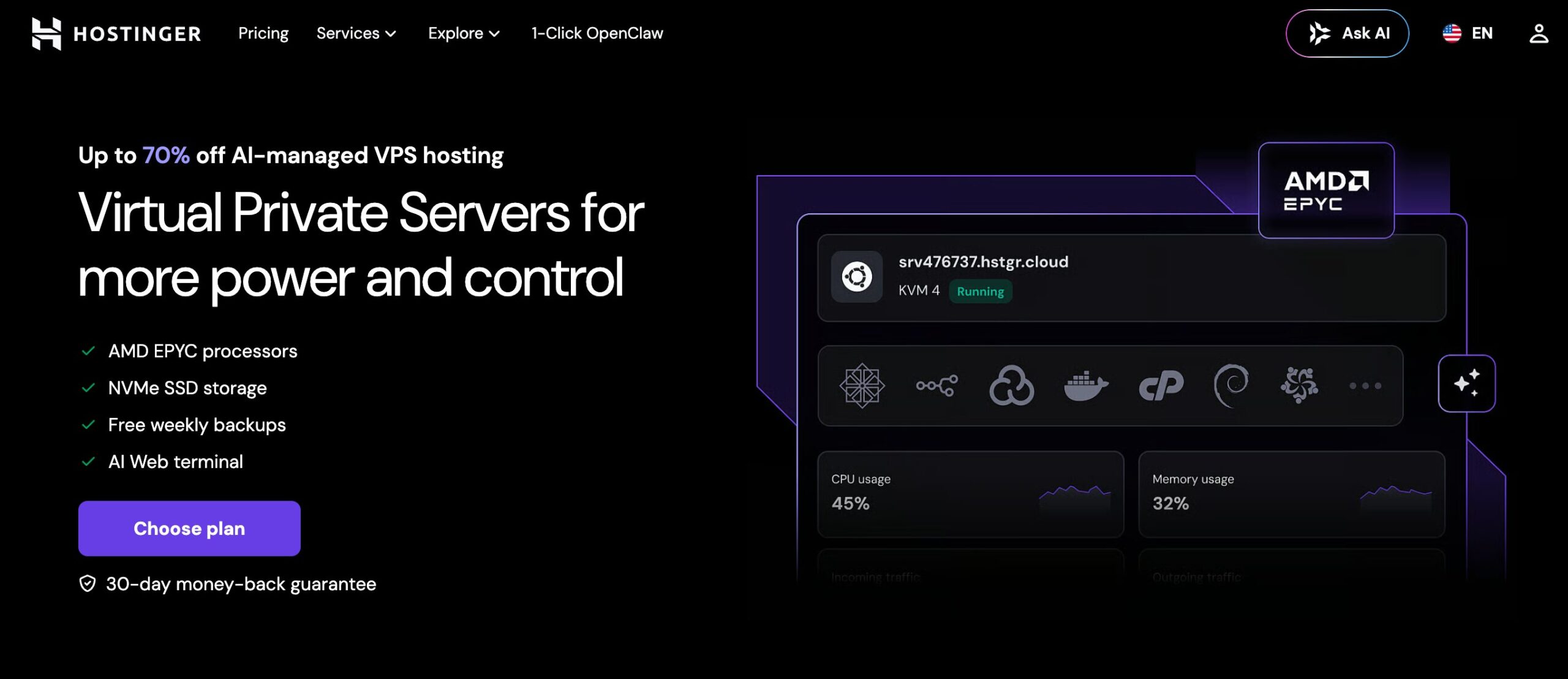 Hostinger VPS hosting product page showing discounted plans, weekly backups, AI assistance, and server management tools
