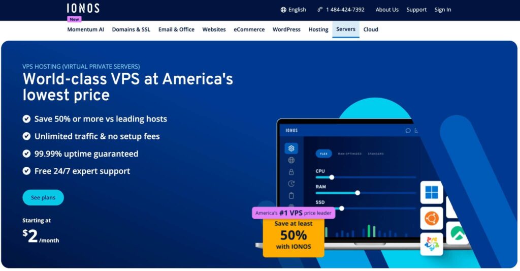IONOS VPS hosting product page showing entry-level pricing, unlimited traffic, uptime guarantee, and 24/7 support.