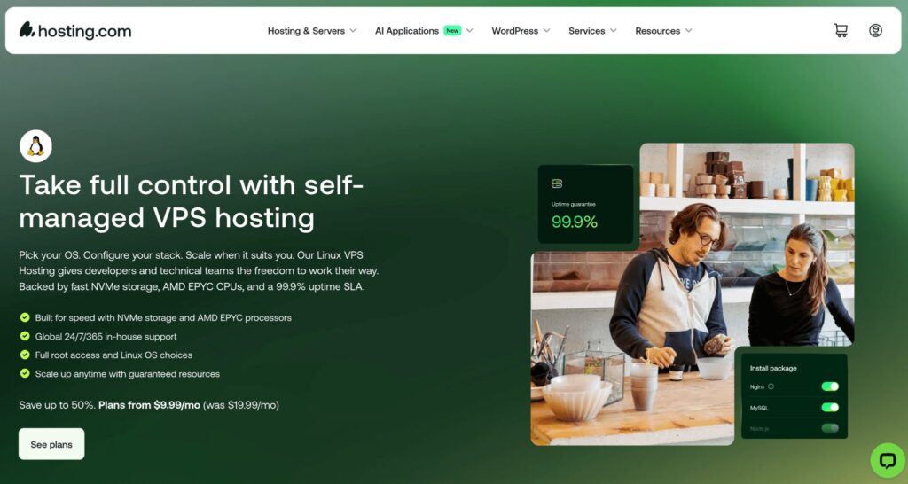 Hosting.com self-managed VPS hosting with NVMe storage, AMD EPYC processors, root access, and scalable resources