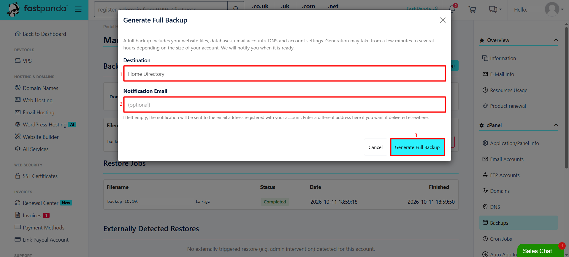 Customer Panel Generate Full Backup Customer Panel Generate Full Backup